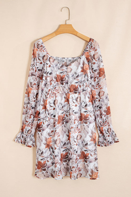 Brown Fall Floral Sweetheart Neck Long Sleeve High Waist Mini Dress