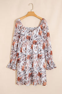 Brown Fall Floral Sweetheart Neck Long Sleeve High Waist Mini Dress