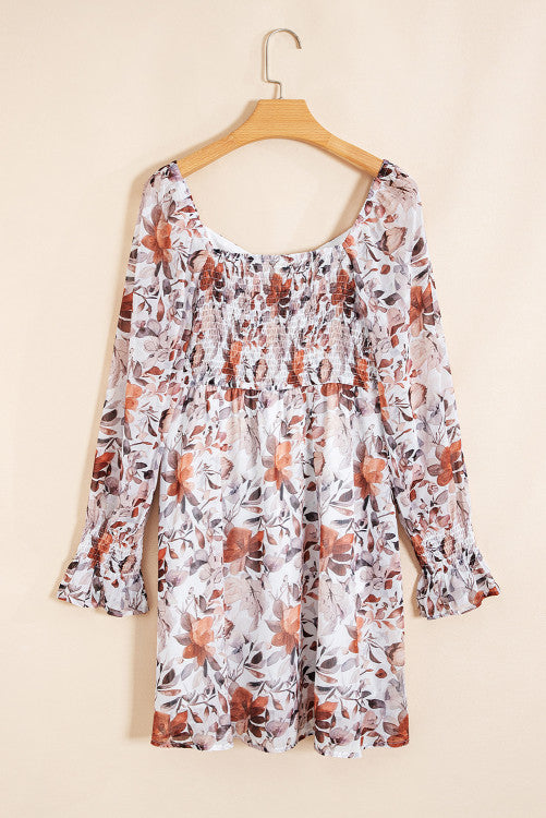 Brown Fall Floral Sweetheart Neck Long Sleeve High Waist Mini Dress