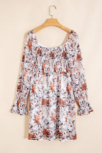 Brown Fall Floral Sweetheart Neck Long Sleeve High Waist Mini Dress