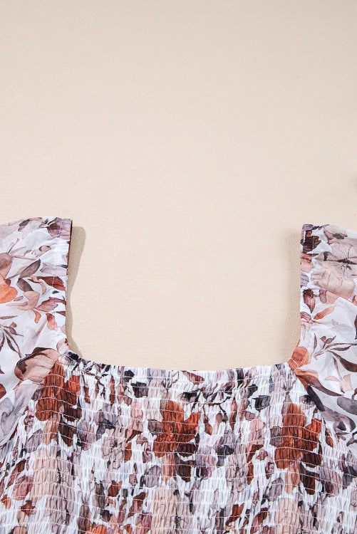 Brown Fall Floral Sweetheart Neck Long Sleeve High Waist Mini Dress