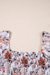 Brown Fall Floral Sweetheart Neck Long Sleeve High Waist Mini Dress