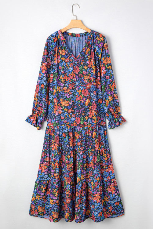 Blue Fall Floral V-Neck Drop Waist Midi Dress