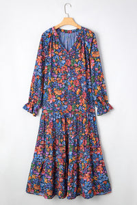 Blue Fall Floral V-Neck Drop Waist Midi Dress