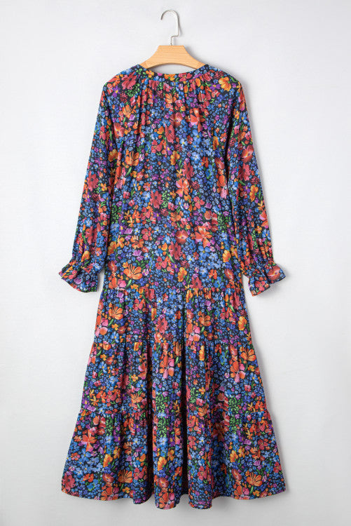 Blue Fall Floral V-Neck Drop Waist Midi Dress