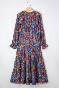 Blue Fall Floral V-Neck Drop Waist Midi Dress