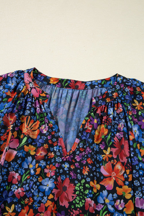 Blue Fall Floral V-Neck Drop Waist Midi Dress