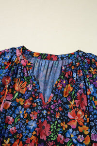 Blue Fall Floral V-Neck Drop Waist Midi Dress
