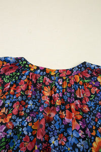 Blue Fall Floral V-Neck Drop Waist Midi Dress