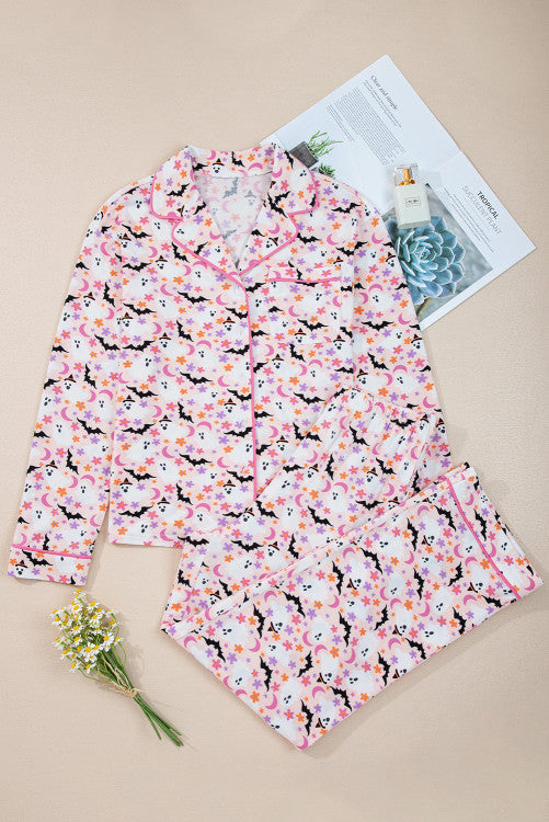 Pink Floral Halloween Ghost and Bat Print Pajama Set