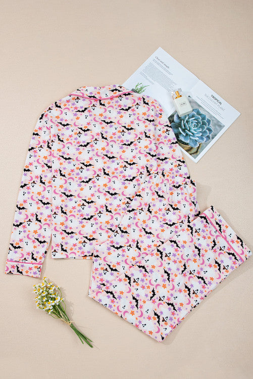 Pink Floral Halloween Ghost and Bat Print Pajama Set