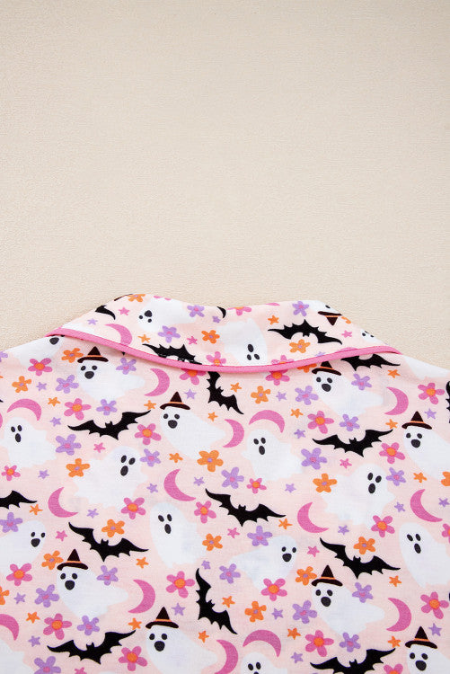Pink Floral Halloween Ghost and Bat Print Pajama Set
