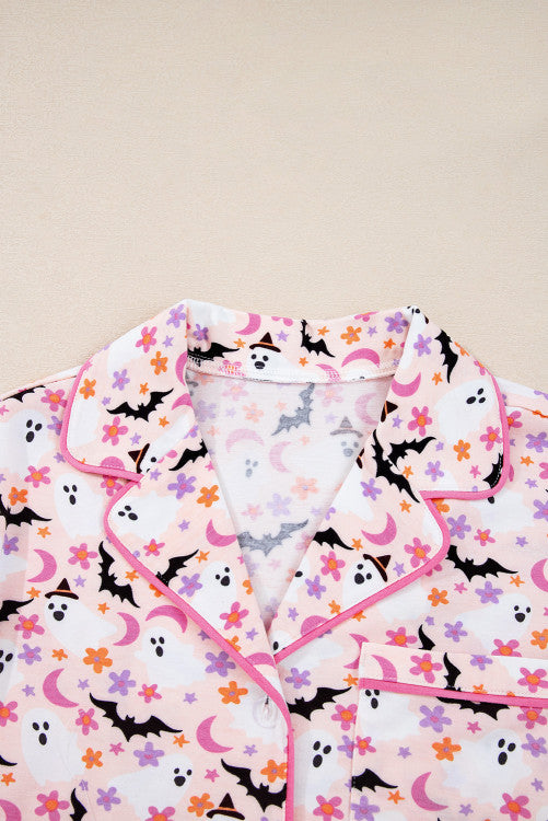 Pink Floral Halloween Ghost and Bat Print Pajama Set