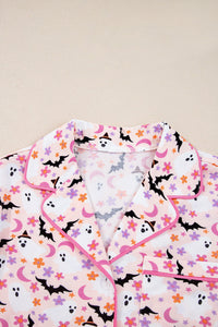 Pink Floral Halloween Ghost and Bat Print Pajama Set