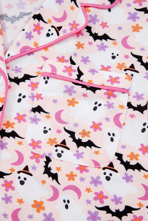 Pink Floral Halloween Ghost and Bat Print Pajama Set