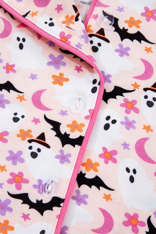 Pink Floral Halloween Ghost and Bat Print Pajama Set
