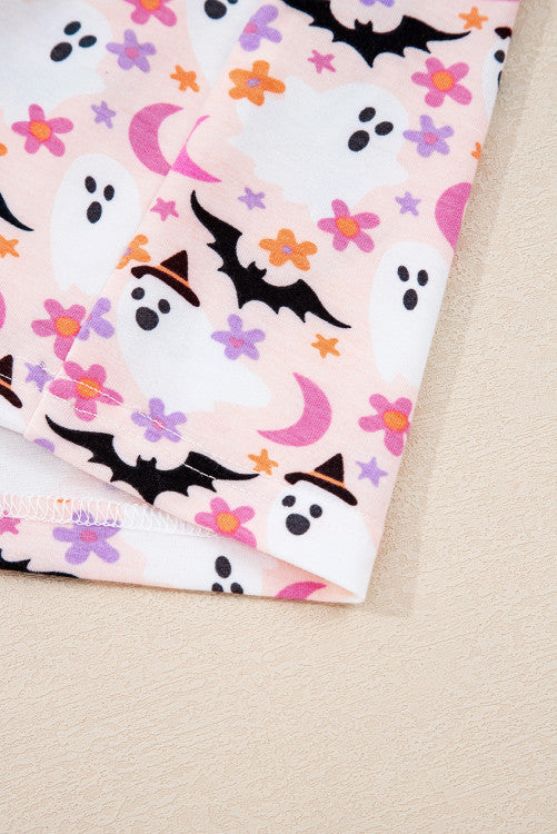 Pink Floral Halloween Ghost and Bat Print Pajama Set