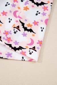 Pink Floral Halloween Ghost and Bat Print Pajama Set