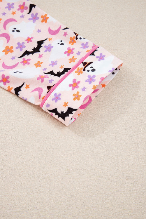 Pink Floral Halloween Ghost and Bat Print Pajama Set