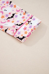 Pink Floral Halloween Ghost and Bat Print Pajama Set