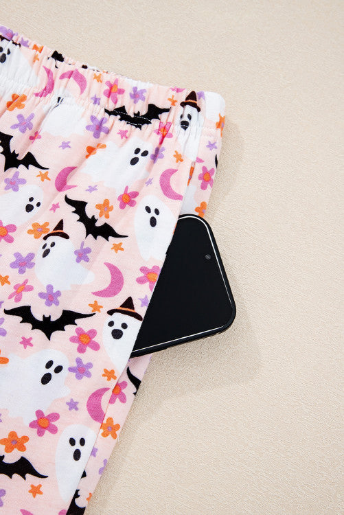 Pink Floral Halloween Ghost and Bat Print Pajama Set