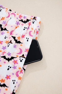 Pink Floral Halloween Ghost and Bat Print Pajama Set