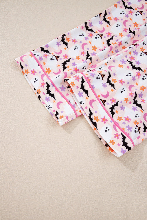 Pink Floral Halloween Ghost and Bat Print Pajama Set