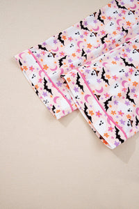 Pink Floral Halloween Ghost and Bat Print Pajama Set