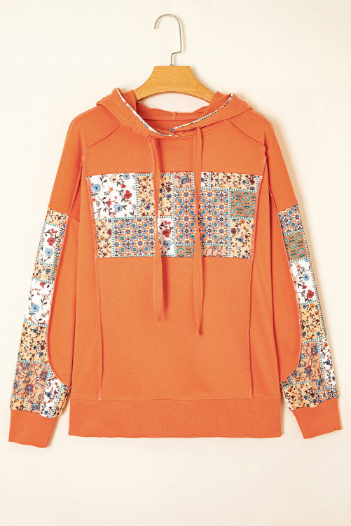Orange Fall Floral Patchwork Exposed Seams Drawstring Hoodie