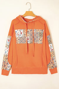 Orange Fall Floral Patchwork Exposed Seams Drawstring Hoodie