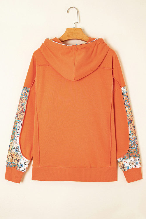 Orange Fall Floral Patchwork Exposed Seams Drawstring Hoodie