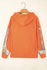 Orange Fall Floral Patchwork Exposed Seams Drawstring Hoodie