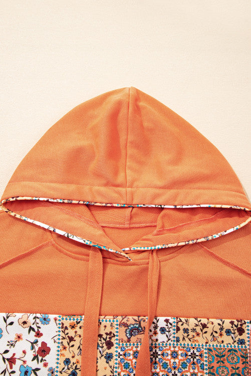 Orange Fall Floral Patchwork Exposed Seams Drawstring Hoodie