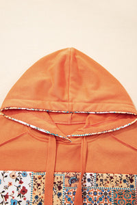 Orange Fall Floral Patchwork Exposed Seams Drawstring Hoodie