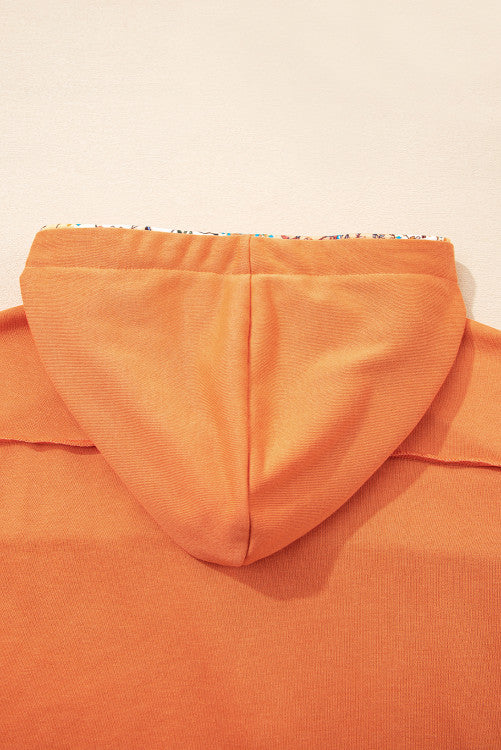 Orange Fall Floral Patchwork Exposed Seams Drawstring Hoodie