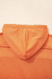 Orange Fall Floral Patchwork Exposed Seams Drawstring Hoodie