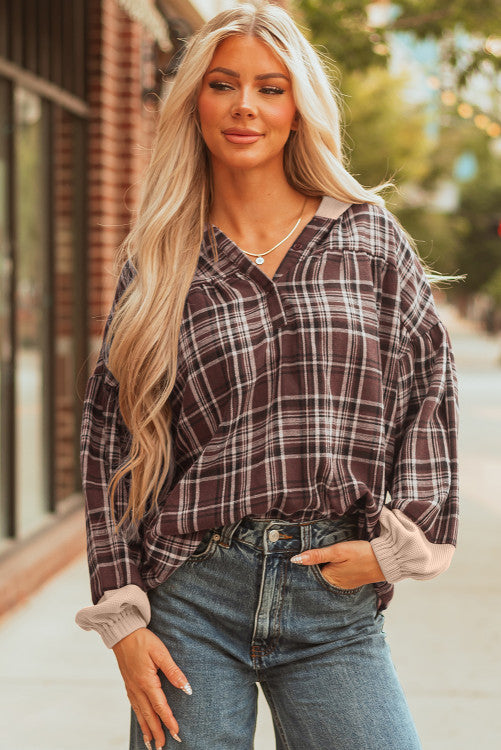 Brown Plaid Thermal Hood and Cuffs 1/4 Button Down Shirt