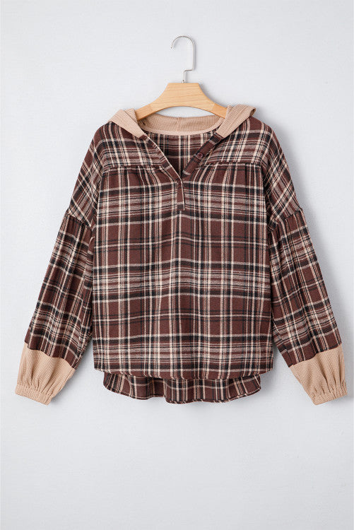 Brown Plaid Thermal Hood and Cuffs 1/4 Button Down Shirt