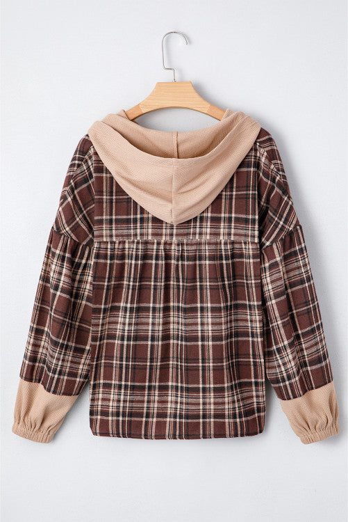 Brown Plaid Thermal Hood and Cuffs 1/4 Button Down Shirt