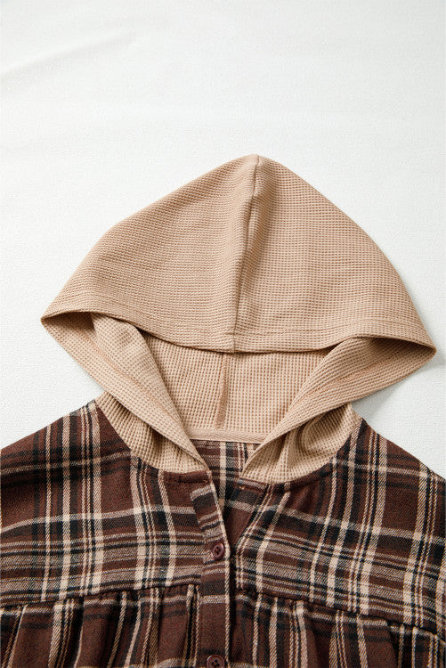 Brown Plaid Thermal Hood and Cuffs 1/4 Button Down Shirt