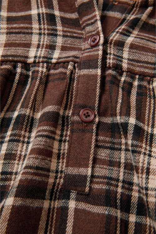 Brown Plaid Thermal Hood and Cuffs 1/4 Button Down Shirt