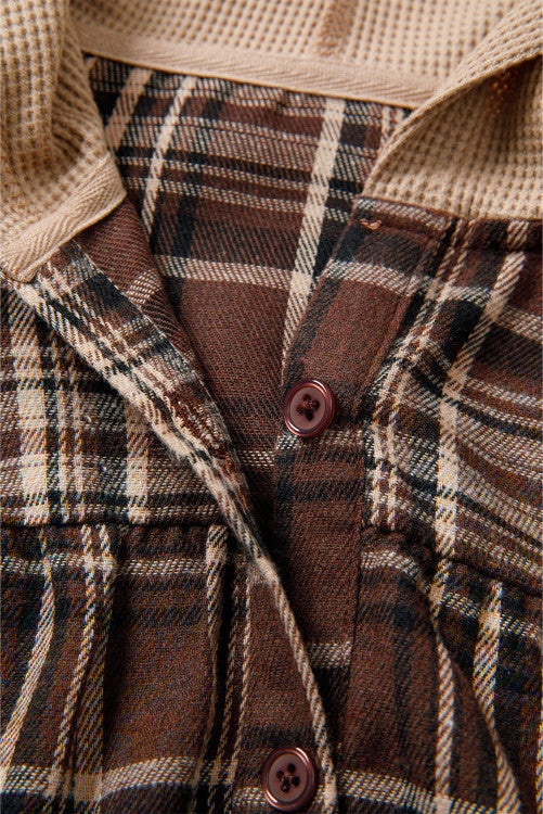 Brown Plaid Thermal Hood and Cuffs 1/4 Button Down Shirt