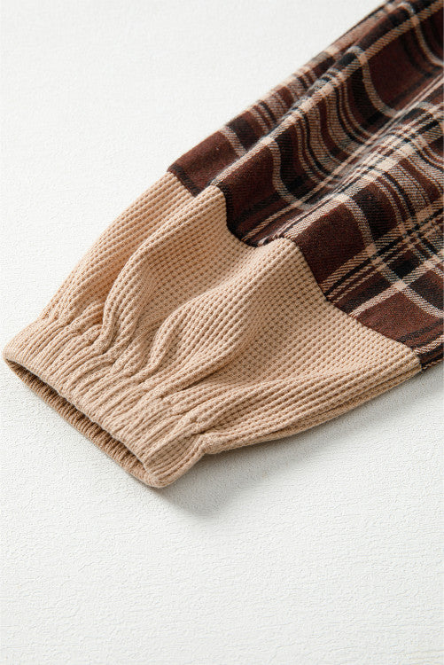 Brown Plaid Thermal Hood and Cuffs 1/4 Button Down Shirt