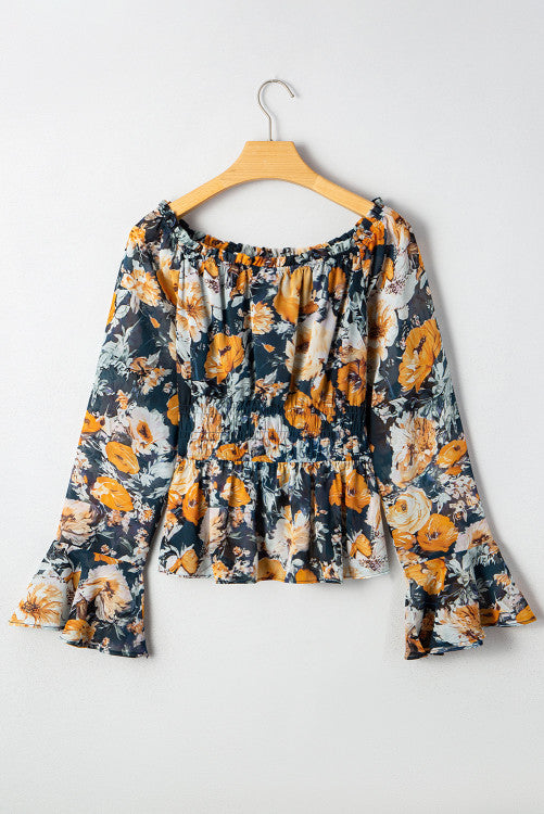 Navy and Orange Floral Off Shoulder Bell Sleeve Smocked Peplum Blouse