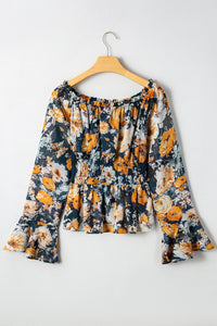 Navy and Orange Floral Off Shoulder Bell Sleeve Smocked Peplum Blouse
