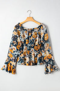 Navy and Orange Floral Off Shoulder Bell Sleeve Smocked Peplum Blouse