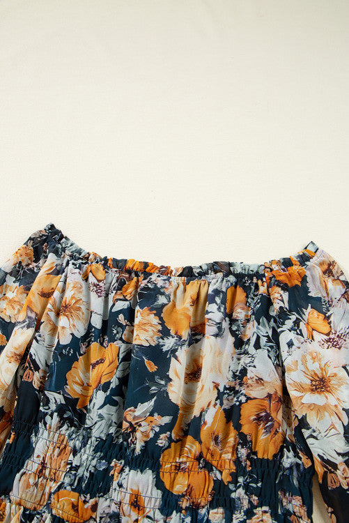 Navy and Orange Floral Off Shoulder Bell Sleeve Smocked Peplum Blouse
