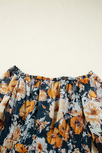 Navy and Orange Floral Off Shoulder Bell Sleeve Smocked Peplum Blouse