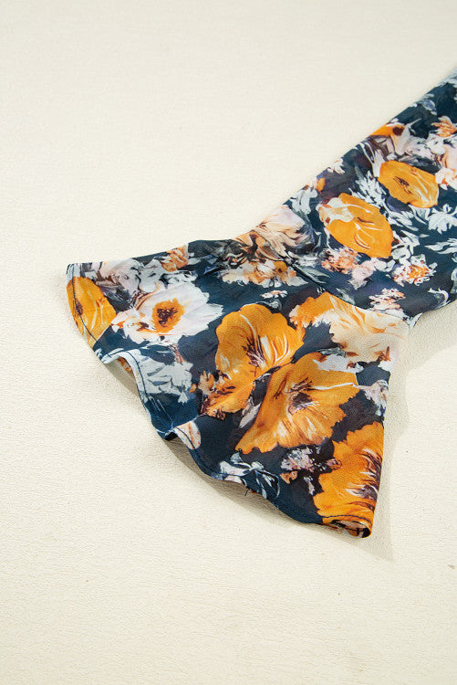 Navy and Orange Floral Off Shoulder Bell Sleeve Smocked Peplum Blouse