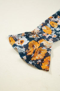 Navy and Orange Floral Off Shoulder Bell Sleeve Smocked Peplum Blouse